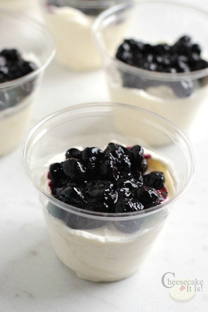 Cheesecake filling in cups with blueberry topping