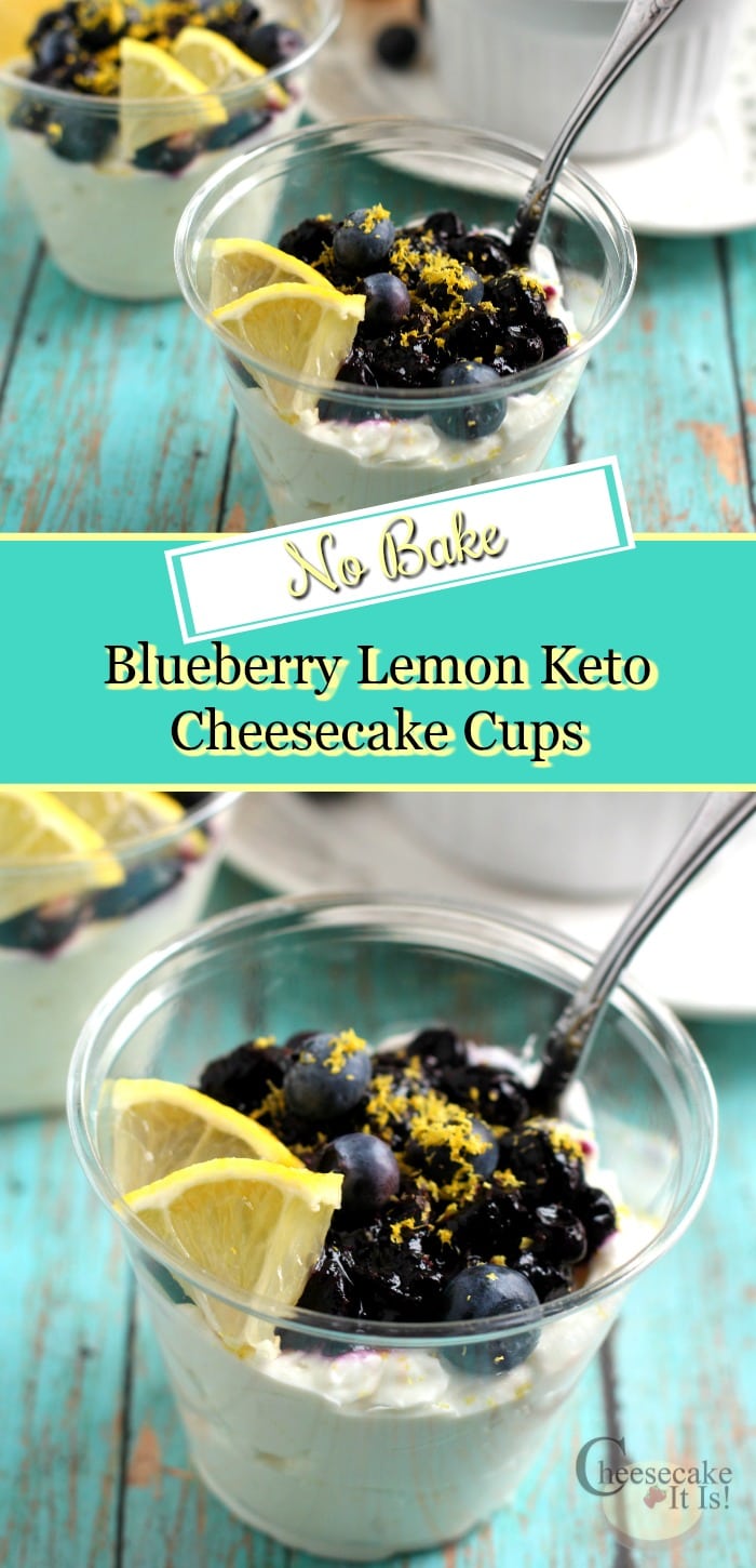 Blueberry lemon cheesecake keto cups top and bottom. Text overlay in the middle.