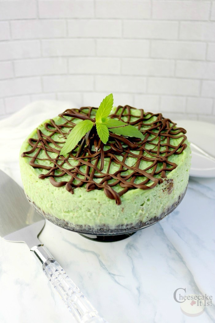 Mint chocolate chip cheesecake garnished with chocolate drizzle and fresh mint on marble counter.