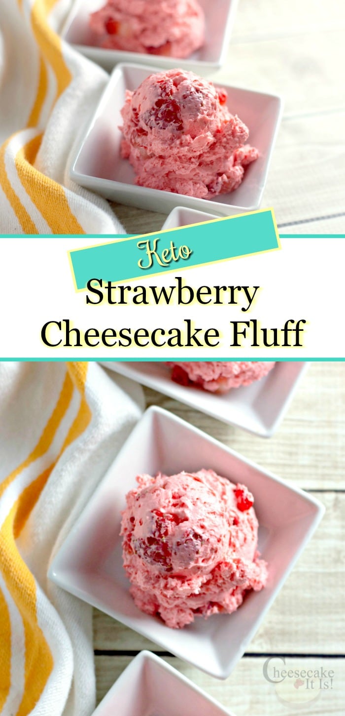 White square bowls of strawberry cheesecake fluff. Text overly in the middle that says Keto Strawberry Cheesecake Fluff.