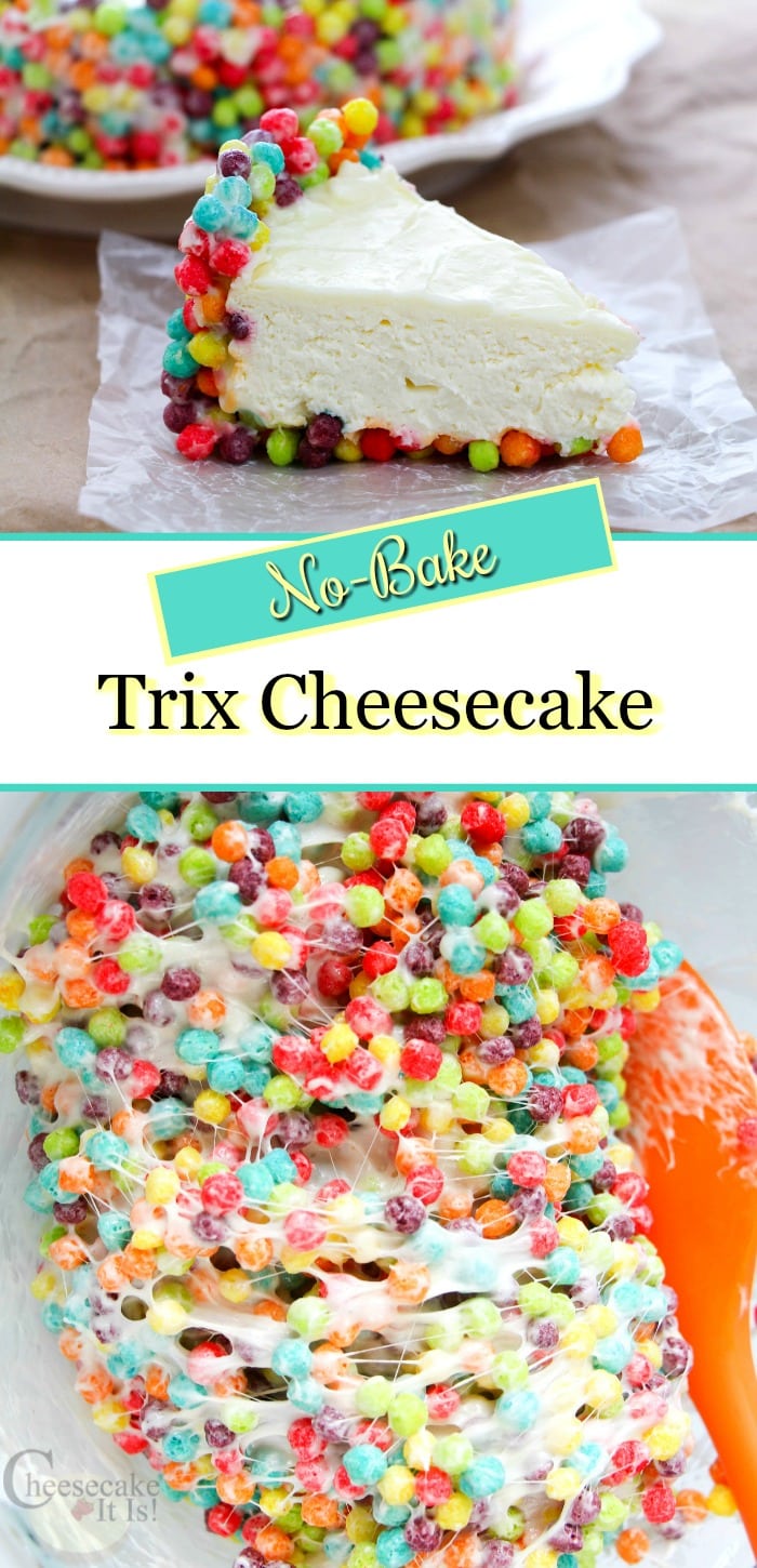 Slice of trix cheesecake at the top, text overlay in the middle and a bowl of trix being mixed with marshmallows at the bottom.