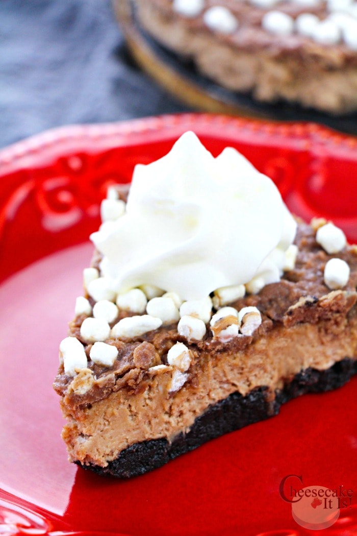 Slice of hot chocolate cheesecake on red plate