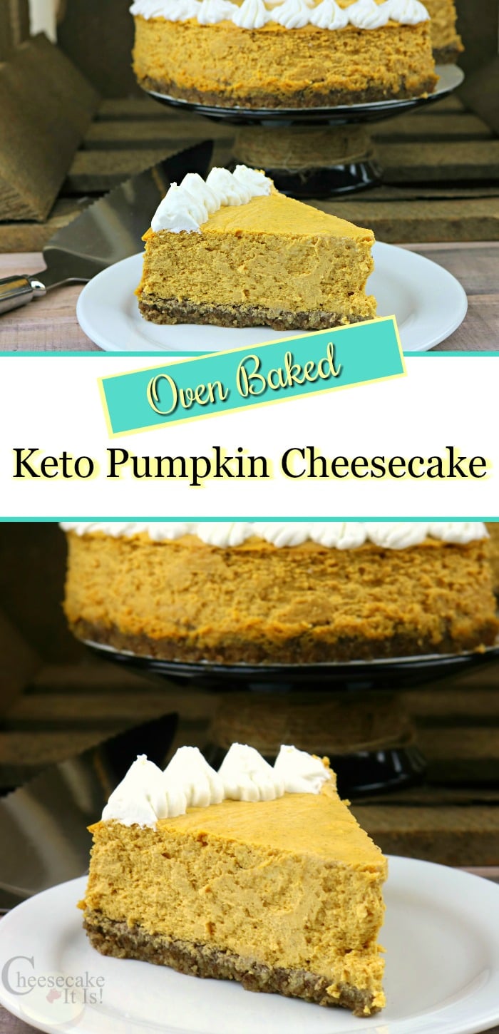 Slice of pumpkin cheesecake at the top and bottom. Text overlay in the middle.