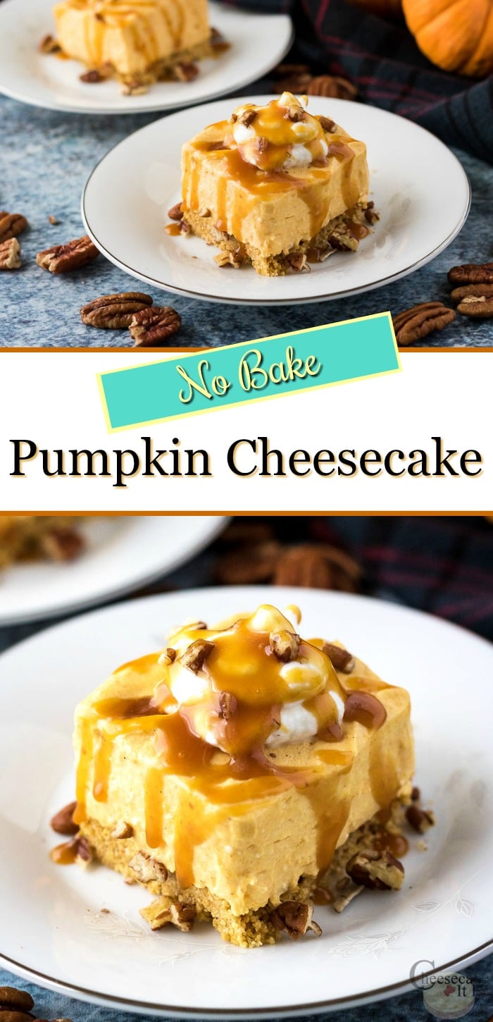 Slice of pumpkin cheesecake at the top and bottom with toppings. Text overlay in middle