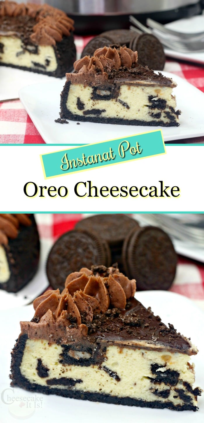 Slice of Oreo cheesecake top and bottom with text overlay in middle