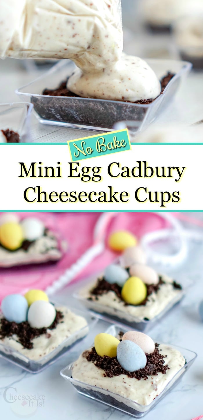Cups being filled at the top. Finished cups at the bottom. Text overlay in the middle that says No Bake Mini Cadbury Cheesecake Cups
