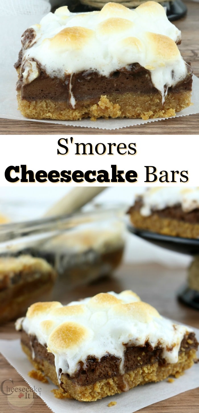 S'mores cheesecake bar at the top and bottom with text overlay in the middle