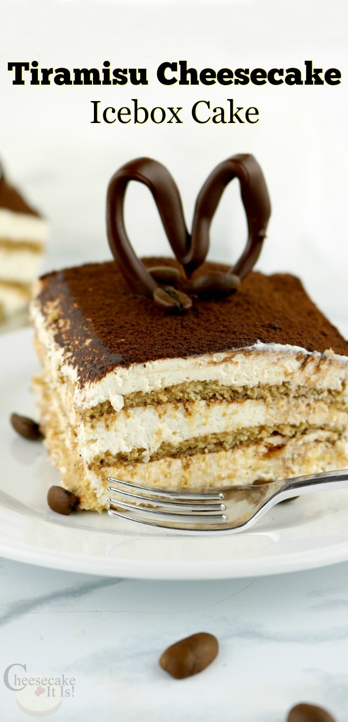 Slice of tiramisu cheesecake icebox cake on white plate with text overlay at the top