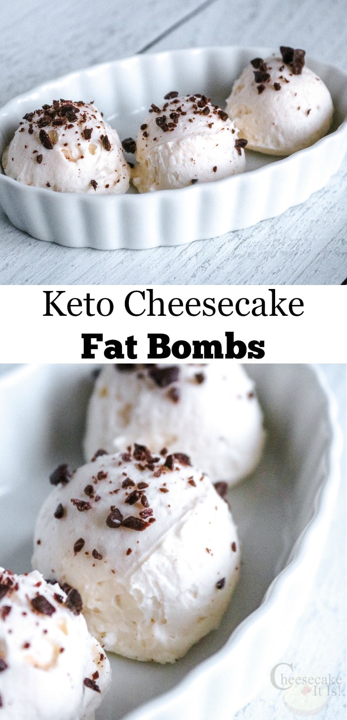 Fat bombs in white dish top and bottom. Text overlay in middle that says "Keto Cheesecake Fat Bombs"