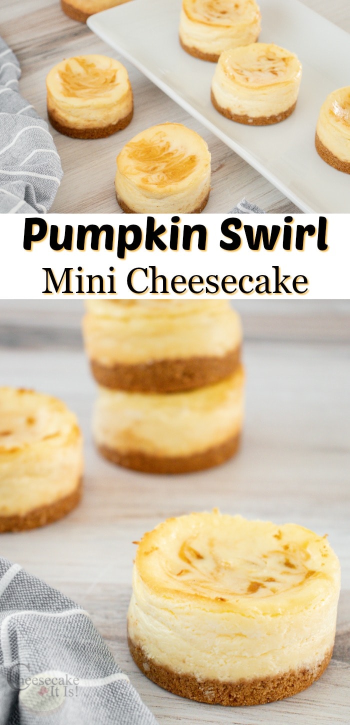 Stacked pumpkin swirl mini cheesecakes with text overlay in the middle