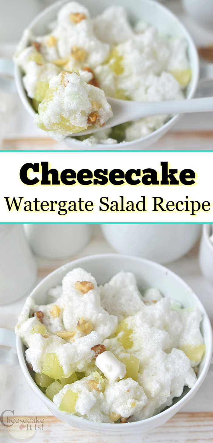Bowl of cheesecake watergate salad top and bottom with text overlay in middle