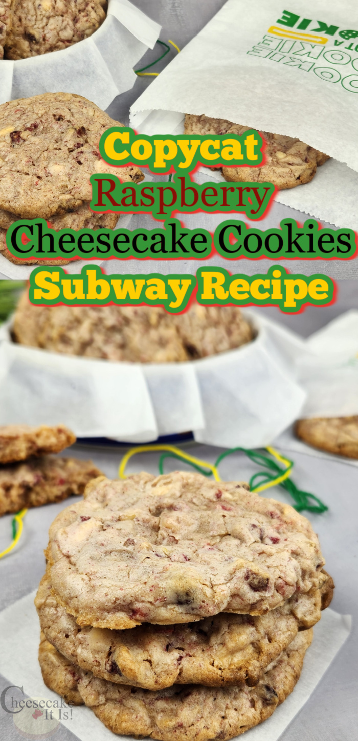 3 stacked raspberry cheesecake cookies with container of more in the back. Top is another cookie in a white paper bag. Text overlay on photo that says Copycat Raspberry Cheesecake Cookies Subway Recipe