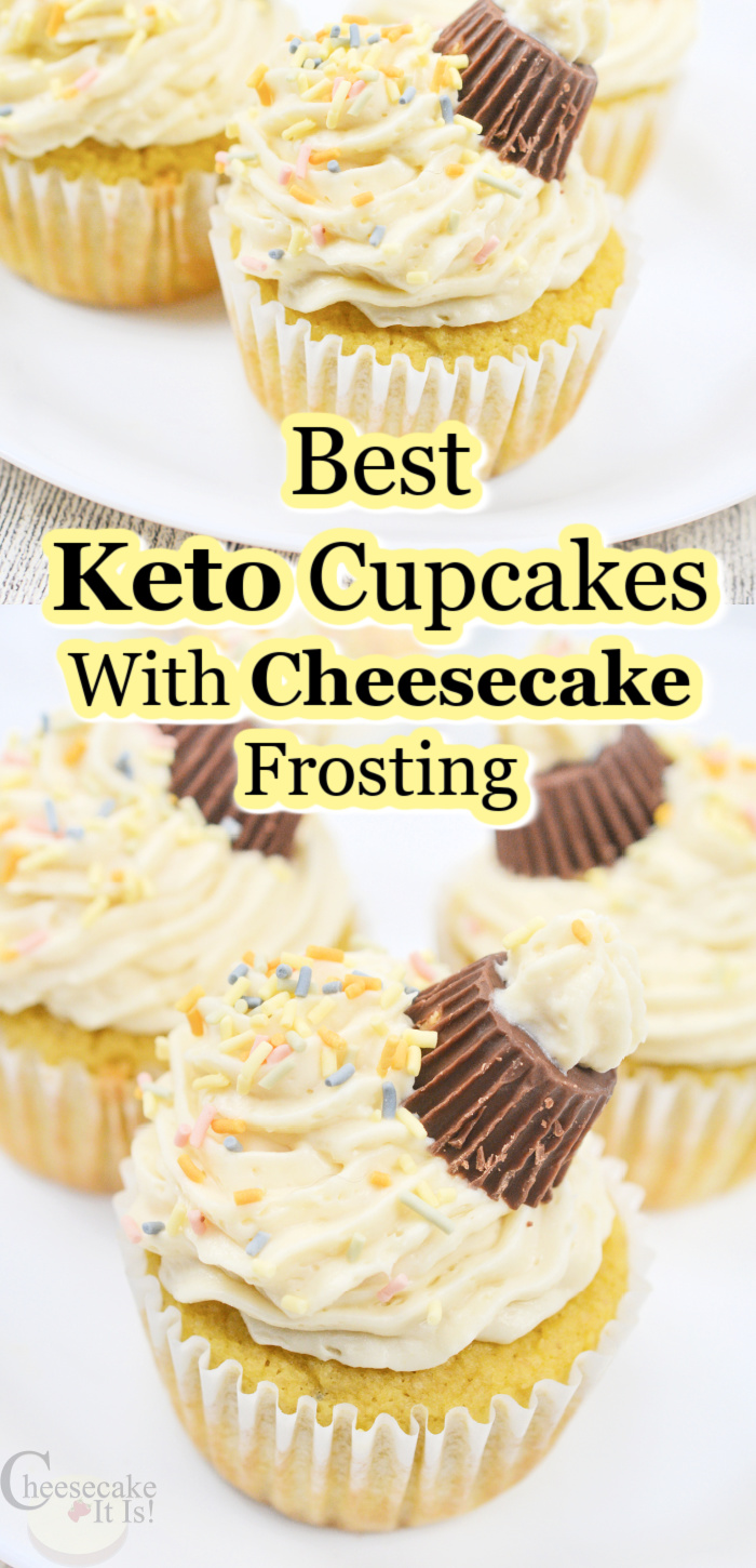 3 keto cupcakes on white plate at bottom. Cupcake on plate at the top. Middle is a text overlay that says Best Keto Cupcakes With Cheesecake Frosting