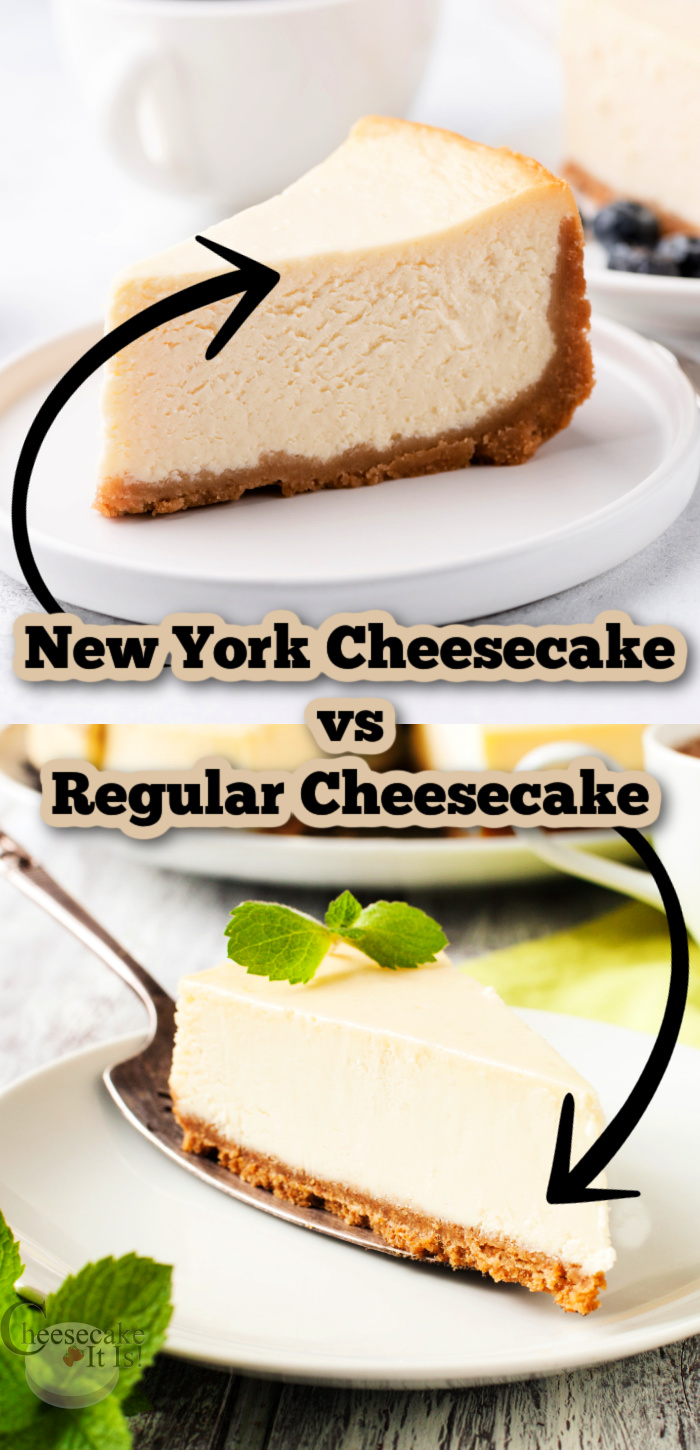 Slice of new york cheesecake at top and slice of regular cheesecake at bottom. Text overlay in middle that says New York Cheesecake vs Regular Cheesecake