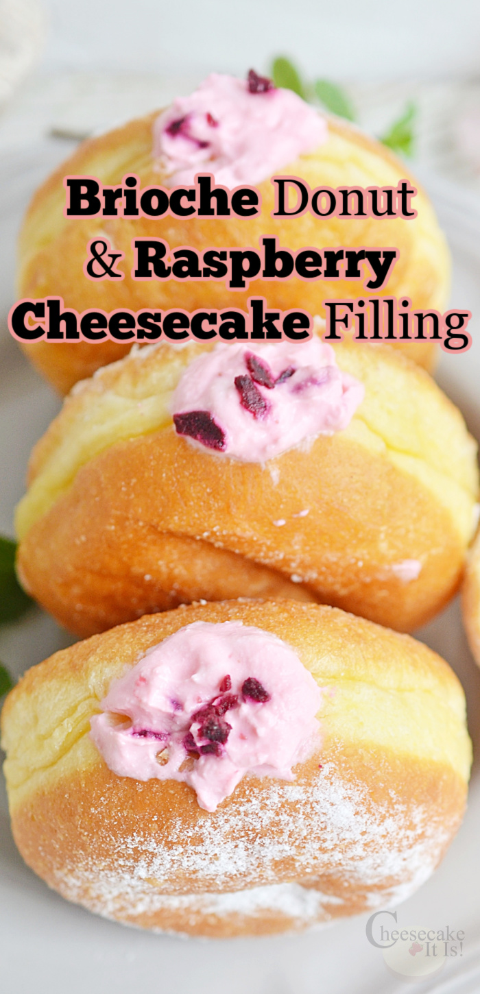 3 brioche donut recipe with raspberry cheesecake filling on white plate. Text overlay at the top that says brioche donut & raspberry cheesecake filling
