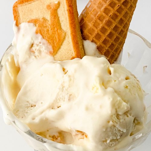 Small glass bowl full of No Churn Banana Pudding Cheesecake Ice Cream with a cone and cookie on the top